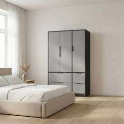 Urbn-Living Urbnliving 3 Door Wardrobe With 4 Drawers Wooden Bedroom Storage Cupboard With Hanging Rail For Clothes - Black Unit & Grey Door - thumbnail 3