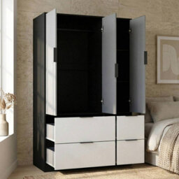 Urbn-Living Urbnliving 3 Door Wardrobe With 4 Drawers Wooden Bedroom Storage Cupboard With Hanging Rail For Clothes - Black Unit & Grey Door - thumbnail 6