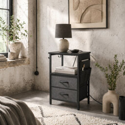 Wyld Haus Pado Metal Bedside Table Black With Integrated Charging Station And Fold-Down Fabric Drawers