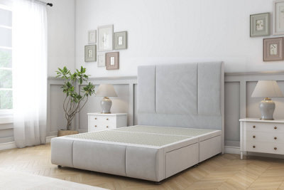 "Sloomy Lisbon Silver Plush Divan Bed 2 Drawers Left Side-26"" Strutted Headboard 12"" Footboard 4'6 Double" - image 1