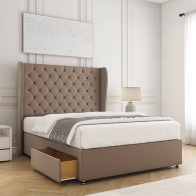 Bsspoke Amelia Divan Bed Set Mink Plush Velvet With 54Inch Wingedback Headboard & 2 Drawers Footend No Mattress In All Sizes - image 1