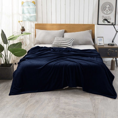 Ameha Fleece Plain Blanket, Lightweight & Reversible Throw For Travel, Bed & Sofa Blanket, Navy Double 150X200Cm - image 1