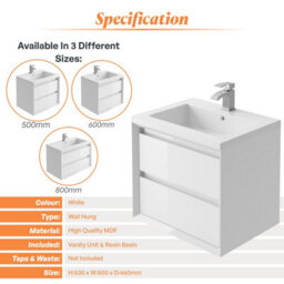 Plum&clay Luna White Wall Hung Vanity Unit & Resin Basin Set Bathroom Furniture (W)500mm (H)510mm - thumbnail 6