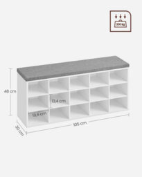 Songmics Shoe Organizer Bench, White Shoe Cabinet With Cushion, 15 Open Storage Slots, For Entryway Or Bedroom, White And Grey - thumbnail 2