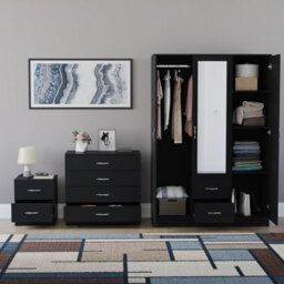 Lassic Vida Designs Riano 3 Piece Bedroom Set (2 Drawer Bedside Chest, 4 Drawer Chest, 3 Door 2 Drawer Mirrored Wardrobe), Black - thumbnail 2