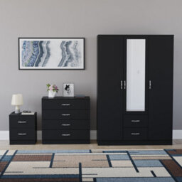 Lassic Vida Designs Riano 3 Piece Bedroom Set (2 Drawer Bedside Chest, 4 Drawer Chest, 3 Door 2 Drawer Mirrored Wardrobe), Black - thumbnail 7