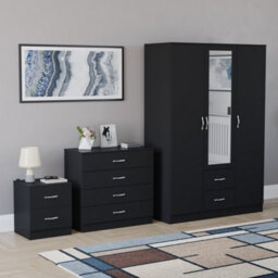 Lassic Vida Designs Riano 3 Piece Bedroom Set (2 Drawer Bedside Chest, 4 Drawer Chest, 3 Door 2 Drawer Mirrored Wardrobe), Black - thumbnail 6
