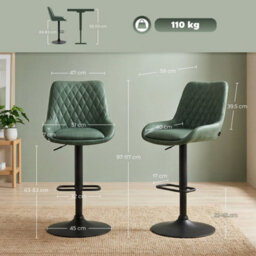 Green Adjustable Bar Stools Set Of 2 Swivel Bar Chairs With Back Footrest - thumbnail 2