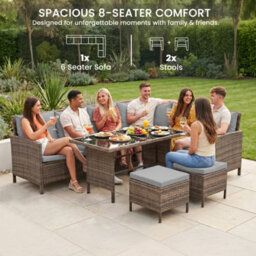 Evre Madison 8 Seater Rattan Garden Furniture Set, Brown Corner Sofa With Glass Dining Table, 2 Stools & Cushions - thumbnail 7