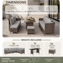 Evre Madison 8 Seater Rattan Garden Furniture Set, Brown Corner Sofa With Glass Dining Table, 2 Stools & Cushions - thumbnail 3