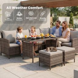 Evre Madison 8 Seater Rattan Garden Furniture Set, Brown Corner Sofa With Glass Dining Table, 2 Stools & Cushions - thumbnail 6