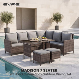 Evre Madison 8 Seater Rattan Garden Furniture Set, Brown Corner Sofa With Glass Dining Table, 2 Stools & Cushions - thumbnail 2