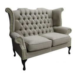 Chesterfield 2 Seater High Back Wing Sofa Charles Fudge Linen Fabric In Queen Anne Style - thumbnail 2