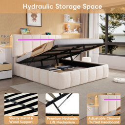 Btm 4Ft6 Double Upholstered Bed Frame With Hydraulic Storage Led Adjustable Headboard Charging Ports Boucle Beige No Mattress - thumbnail 8