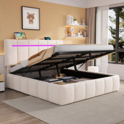Btm 4Ft6 Double Upholstered Bed Frame With Hydraulic Storage Led Adjustable Headboard Charging Ports Boucle Beige No Mattress - thumbnail 2