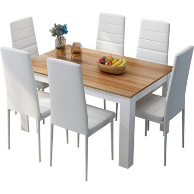 Oak Dining Table And 6 White Chairs Set W/ Faux Leather Dining&kitchen Furniture - image 1