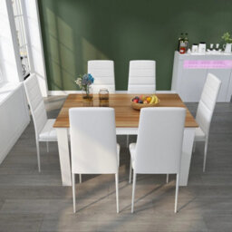 Oak Dining Table And 6 White Chairs Set W/ Faux Leather Dining&kitchen Furniture - thumbnail 6