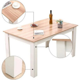 Oak Dining Table And 6 White Chairs Set W/ Faux Leather Dining&kitchen Furniture - thumbnail 3