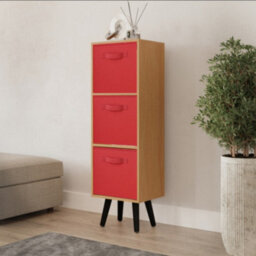 Urbn-Living Urbnliving 80Cm Height 3 Tier Beech Wooden Storage Bookcase Scandinavian Style Black Legs With Red Inserts