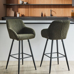 Wyld And Coco Boucle Bar Stool Set Of 2 Dark Green With Arms And Backrest - Matt Finish, Steel Legs - thumbnail 2