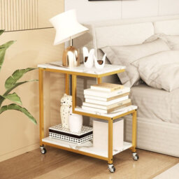 Costway G-Shaped Side Table 3-Tier Mobile End Table W/open Shelves-White - thumbnail 5