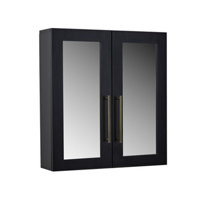 Homestylestore 600 X 650mm Black Grey Wall Mounted Mirrored Door Bathroom Cabinet And Aged Gold T Bar Handles - image 1