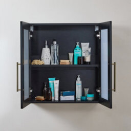 Homestylestore 600 X 650mm Black Grey Wall Mounted Mirrored Door Bathroom Cabinet And Aged Gold T Bar Handles - thumbnail 2