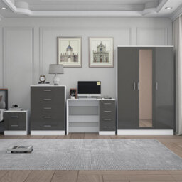 Reflect 3 Door Mirror Wardrobe, 5 Drawer Chest, 2 Drawer Bedside & Desk - Grey Gloss & Matt White - Modern Bedroom Furniture Set - thumbnail 3