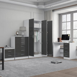 Reflect 3 Door Mirror Wardrobe, 5 Drawer Chest, 2 Drawer Bedside & Desk - Grey Gloss & Matt White - Modern Bedroom Furniture Set - thumbnail 2