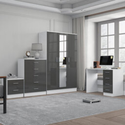 Reflect 3 Door Mirror Wardrobe, 5 Drawer Chest, 2 Drawer Bedside & Desk - Grey Gloss & Matt White - Modern Bedroom Furniture Set