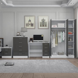 Reflect 3 Door Mirror Wardrobe, 5 Drawer Chest, 2 Drawer Bedside & Desk - Grey Gloss & Matt White - Modern Bedroom Furniture Set - thumbnail 4