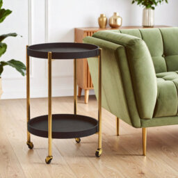 Orsina Two Tier Black Tray Table Trolley, Matte Gold Frame With Black Shagreen Shelves, Functional Drinks Trolley