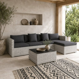 Wyld Haus Lemi Mixed Grey 6-Piece Outdoor Corner Sofa Set With Cushions And Tempered Glass Table