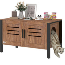 Pawhut Cat Litter Box Enclosure W/ Tall Legs, Scratching Board, Dark Brown - thumbnail 2