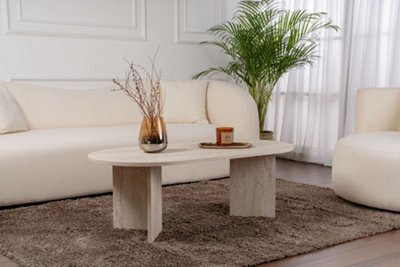 Decortie Sable Modern 119Cm Oval Coffee Table Scandi Japandi Style Floor Protectors Travertine Living Room Centre Table - image 1