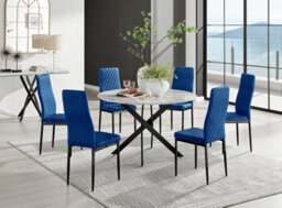 Furniturebox Uk Novara White Marble Black Leg 120Cm Round Dining Table & 6 Navy Velvet Milan Black Leg Chairs - thumbnail 1
