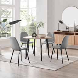 Furniturebox Uk Koko Oak Effect Round Dining Table & 4 Grey Corona Black Leg Chairs - thumbnail 1
