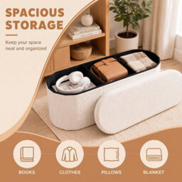 White Teddy Fleece 110Cm Boucle Storage Ottoman Foldable Footstool Bench For Living Room Bedroom - thumbnail 5