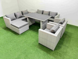 Fimous 9 Seater Wicker Pe Rattan Furniture Outdoor Dining Table 3 Seater Sofa Armchair Set With Side Table Big Stool Light Grey - thumbnail 2