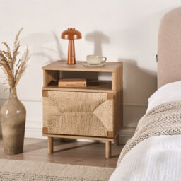 Wyld And Coco Novahome Boho Bedside Table With Paper Rope Detail And Pinewood Legs, Compact Rectangular Design (W49 X D36 X H54Cm) - thumbnail 2