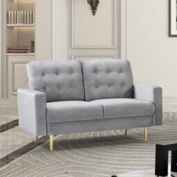 Emerson 139Cm Wide Grey Velvet Fabric 2 Seat Sofa In A Box With Dark Wooden And Golden Coloured Metal Legs - thumbnail 1