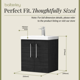 Balterley Contemporary Bathroom Wall Hung 2 Soft-Close Door Vanity Unit & Mid-Edge Basin, Charcoal Black, 500 mm - thumbnail 5