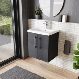 Balterley Contemporary Bathroom Wall Hung 2 Soft-Close Door Vanity Unit & Mid-Edge Basin, Charcoal Black, 500 mm - thumbnail 4