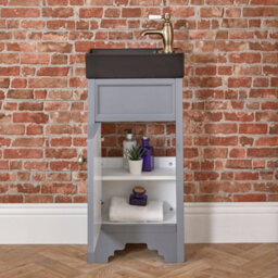 Homestylestore Light Grey 400mm Bathroom Vanity Unit With Black Basin And Aged Gold Round Handles - thumbnail 3