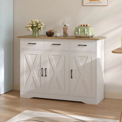 White Sideboard Cabinet 3 Drawers & 3 Door Cabinet Dining Living Room Sideboard - image 1