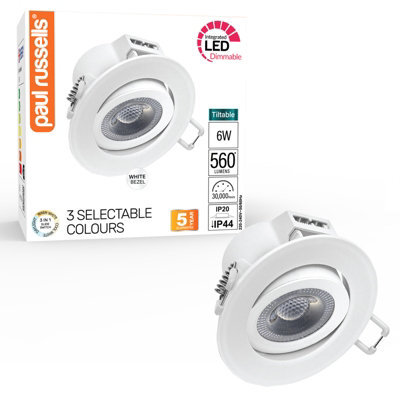 Paul Russells Led Downlight White Dimmable Tilt Recessed Ceiling Spotlight 6W 560 Lumens, Ip44, Colour Changeable Cct3, Pack Of 1 - image 1