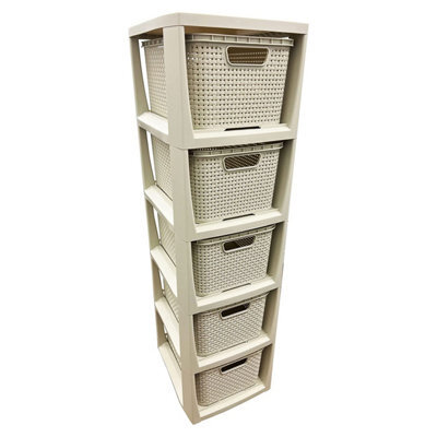 Pluto Packaging 1 X 5 Drawer Cream Stylish Rattan Effect Commode Baskets Home Office Storage Unit - image 1