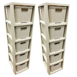 Pluto Packaging 1 X 5 Drawer Cream Stylish Rattan Effect Commode Baskets Home Office Storage Unit - thumbnail 2