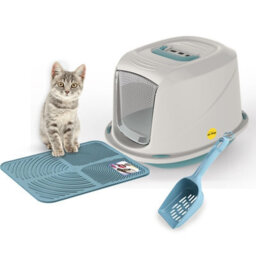Cat Centre.Direct Cat Centre Medium Blue Cat Hooded Set: Litter Tray + Scoop + Tray Mat + Carbon Filter