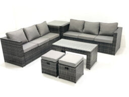 Fimous Garden Outdoor Rattan Furniture Set With Sofa Coffee Table 2 Small Footstools Side Table Dark Grey Mixed - thumbnail 2